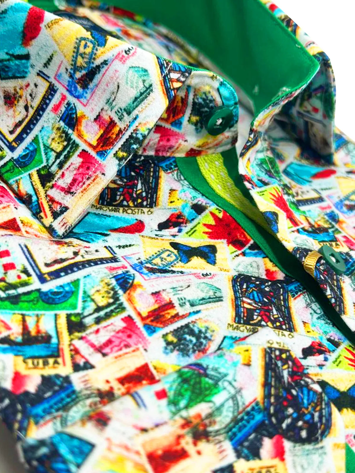 Colourful Stamp Print Satin Cotton Shirt with Matching Handkerchief