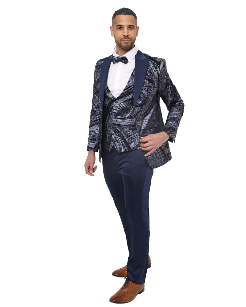 Dark Blue Fashion Men's 4 Piece Textured Suit