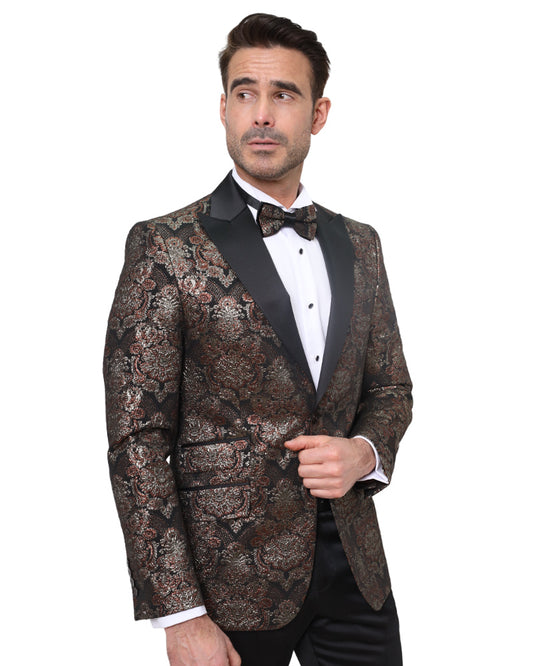 Rustic Gold & Black Paisley Design Blazer with Contrasting Lapel & Matching Bow Tie