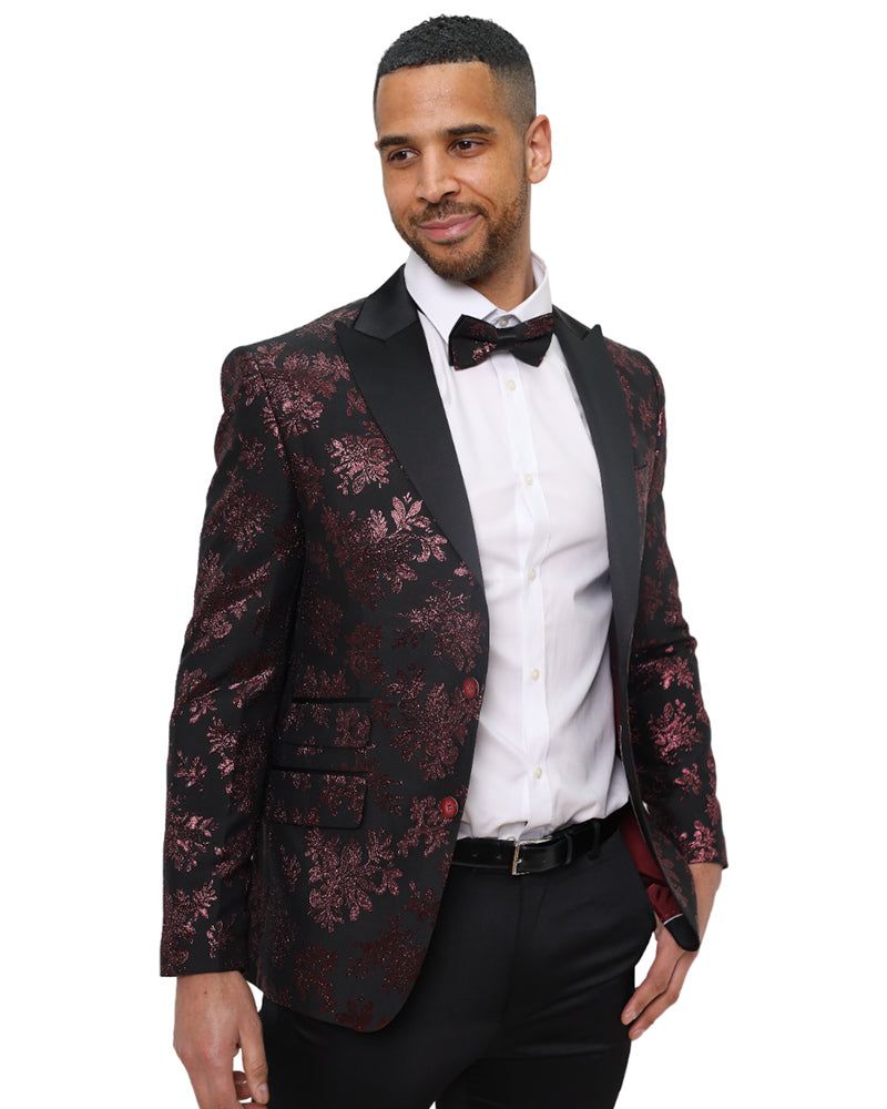 Burgundy Floral Design Blazer with Contrasting Lapel & Matching Bow Tie