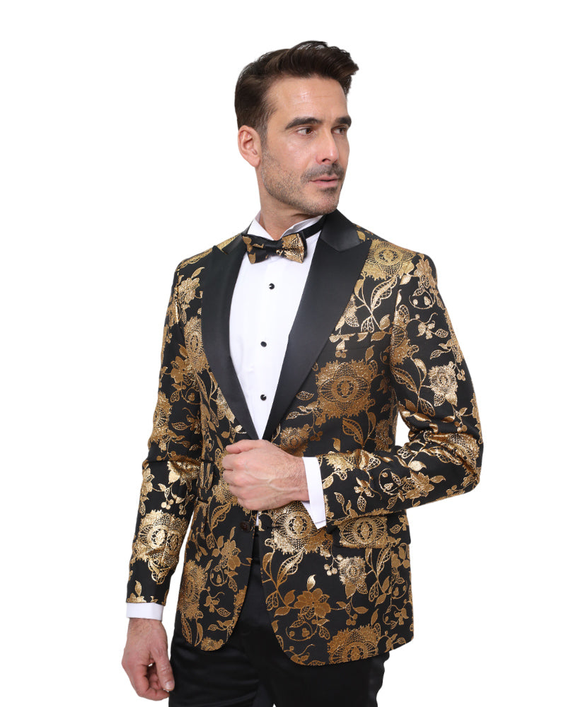 Gold & Black Floral Design Blazer with Contrasting Lapel & Matching Bow Tie
