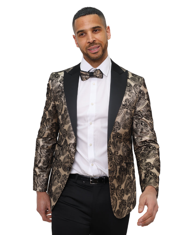 Gold Paisley Contrasting Lapel Blazer & Matching Bow Tie