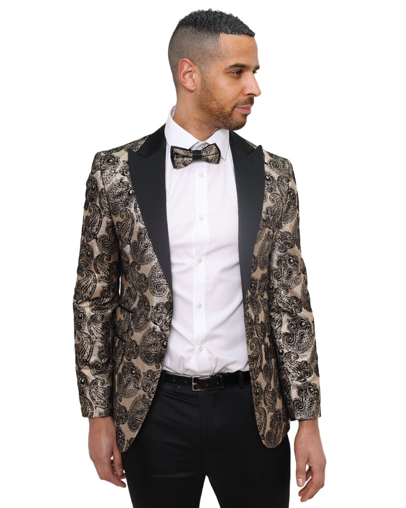 Gold Paisley Contrasting Lapel Blazer & Matching Bow Tie
