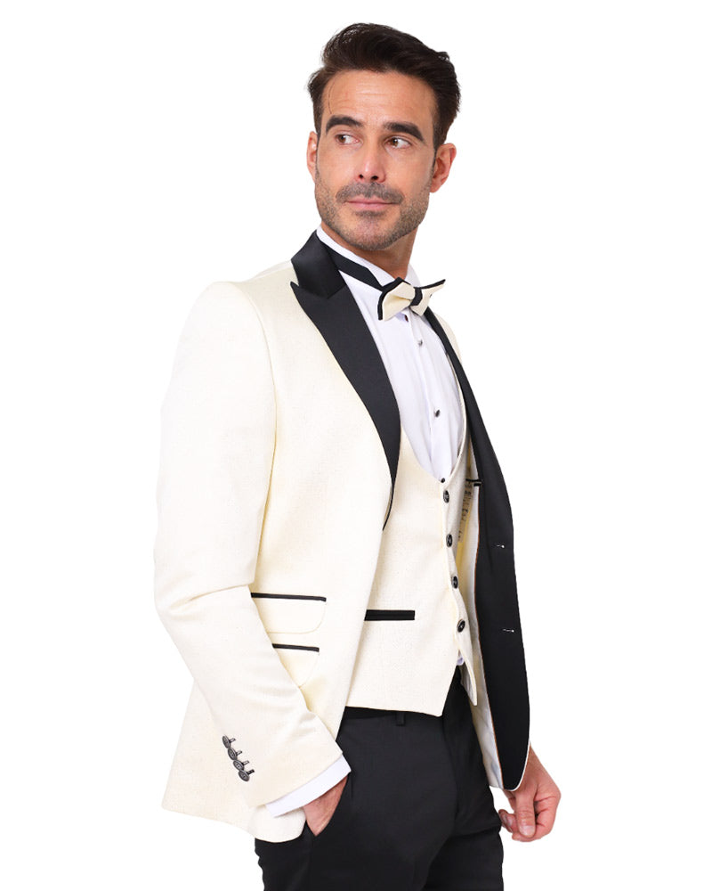 Cream Men's 4 Piece Glitter Suit Contrasting Lapel