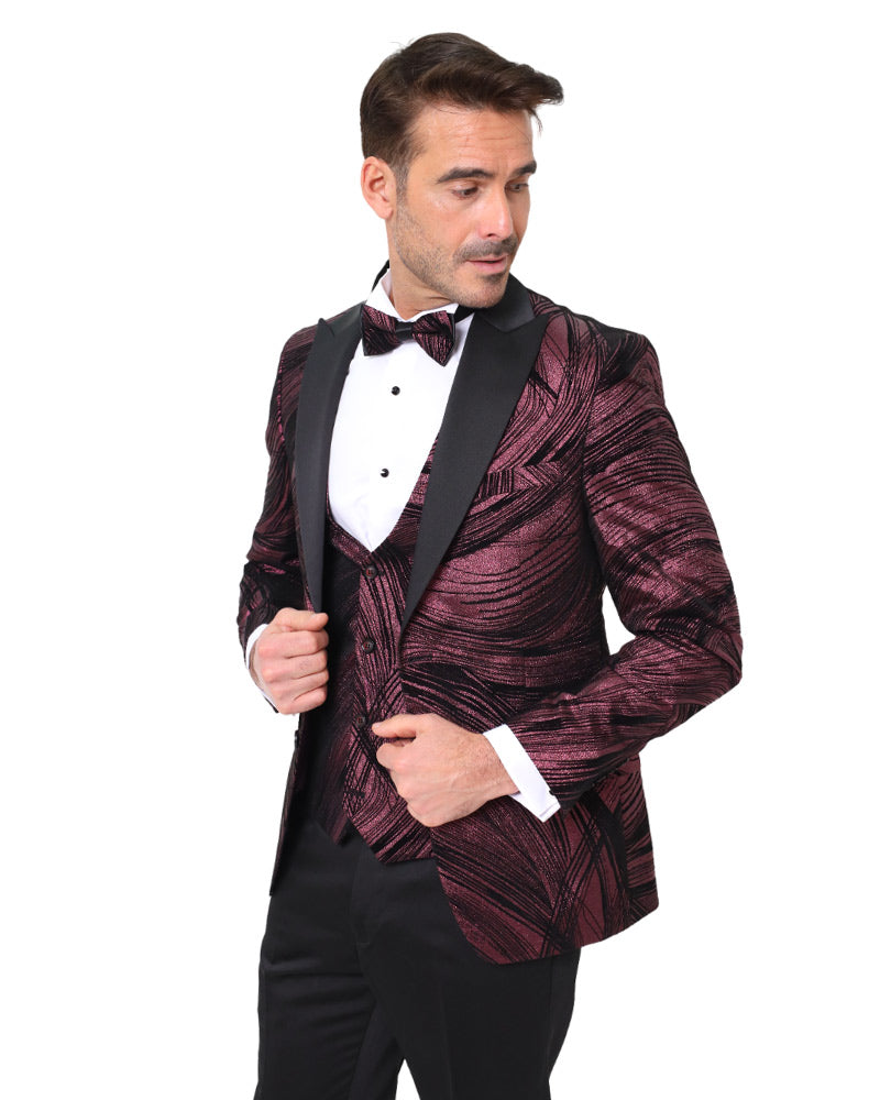 Burgundy Fashion Men's 4 Piece Textured Suit