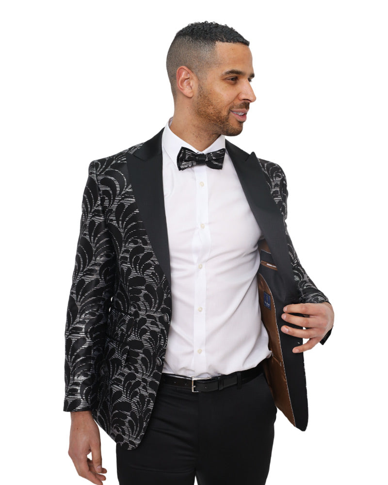 Black Floral Design Blazer with Contrasting Lapel & Matching bow tie