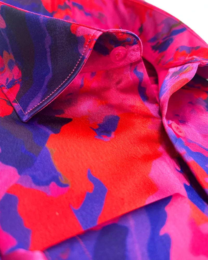 Oscar Banks Premium Satin Bold Abstract Print Dress Shirt