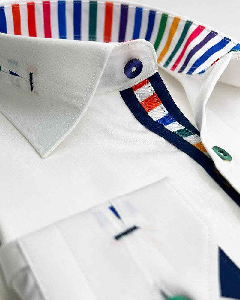 White Formal Shirt with Vibrant Stripe Detail and Contrast Buttons