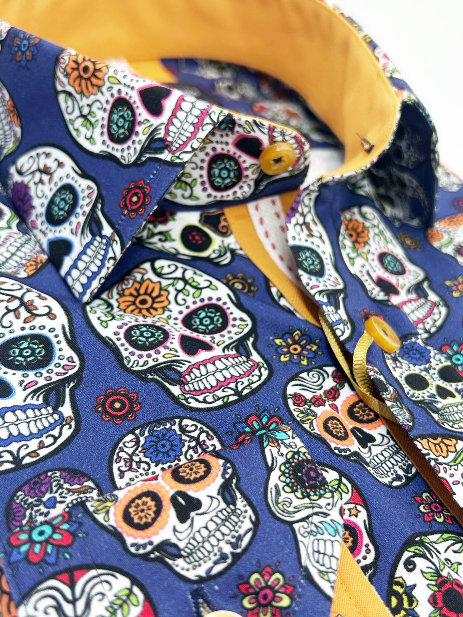 Dark Blue day of the dead Skull Print Shirt with Matching Handkerchief