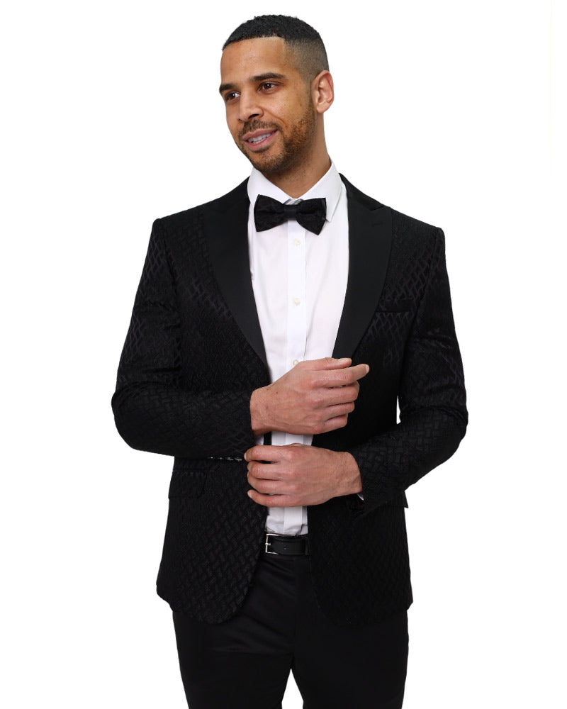 Men's Black Patterned Three Piece Contrasting Lapel Suit