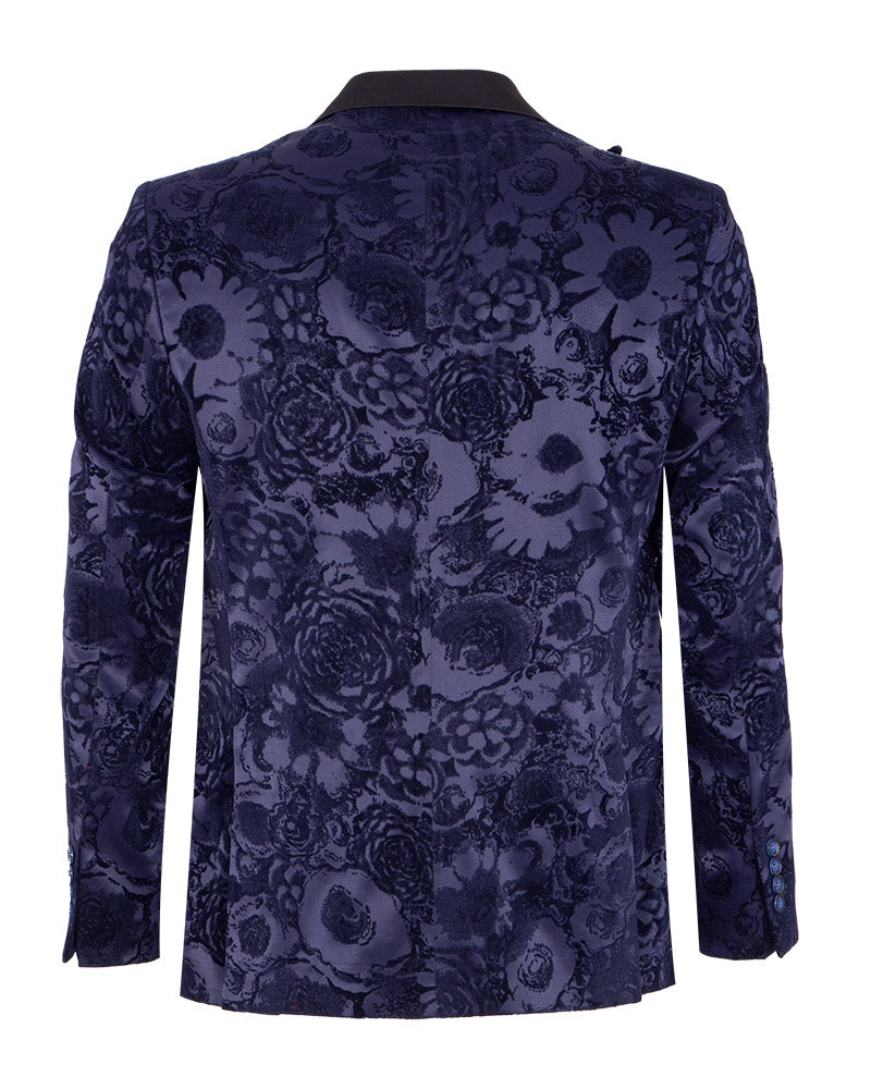 Dark Blue Floral Flock Design Blazer with Contrasting Lapel & Matching Bow Tie