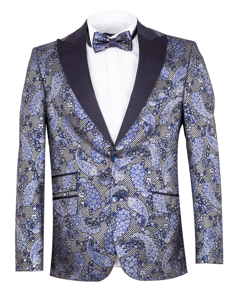 Dark Blue Paisley Flock Design Fashion Blazer & Matching Bow Tie