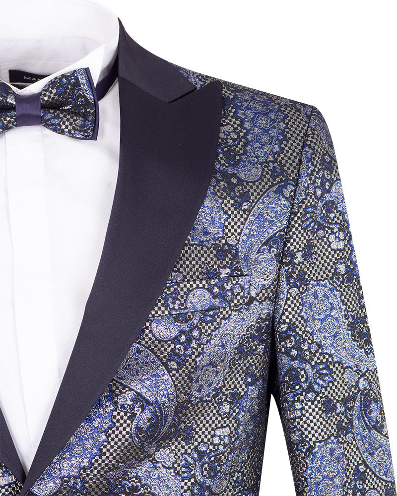 Dark Blue Paisley Flock Design Fashion Blazer & Matching Bow Tie