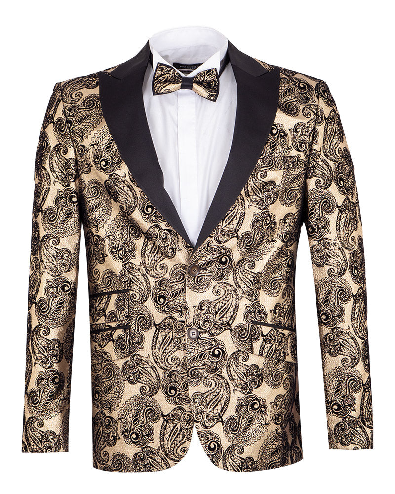 Gold & Black Paisley Velvet Design Blazer with Contrasting Lapel & Matching Bow Tie