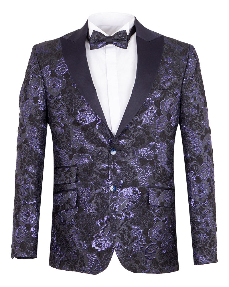 Navy & Black Floral Flock Design Blazer with Contrasting Lapel & Matching Bow Tie