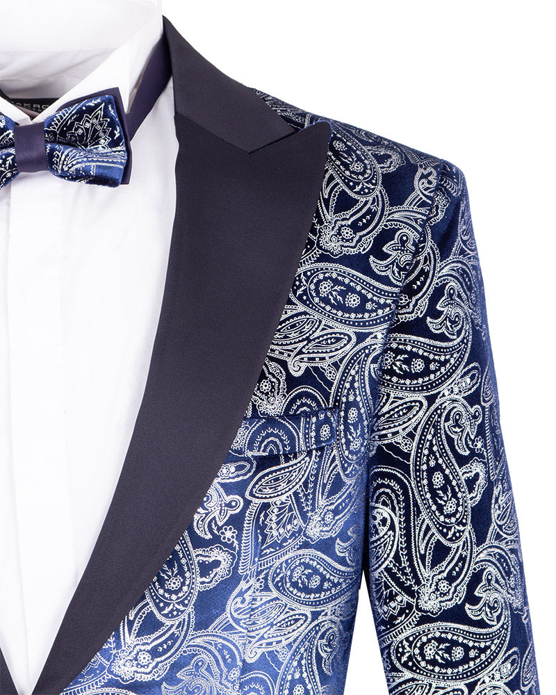 Dark Blue Paisley Contrasting Lapel Blazer & Matching Bow Tie
