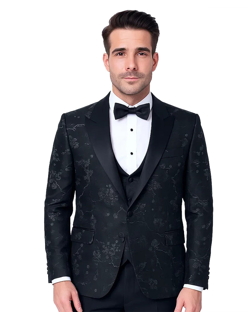 Black Floral Flock Design Blazer with Contrasting Lapel & Matching Bow Tie