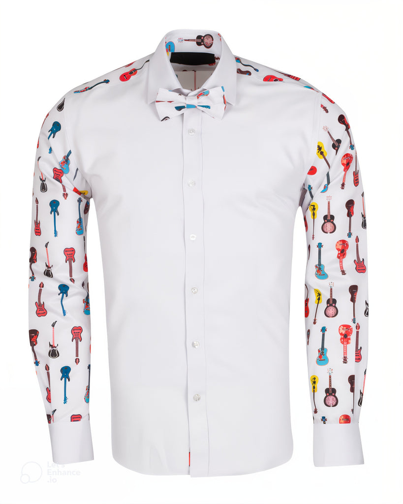 Guitar Print Tuxedo Shirt Plain Front Panel