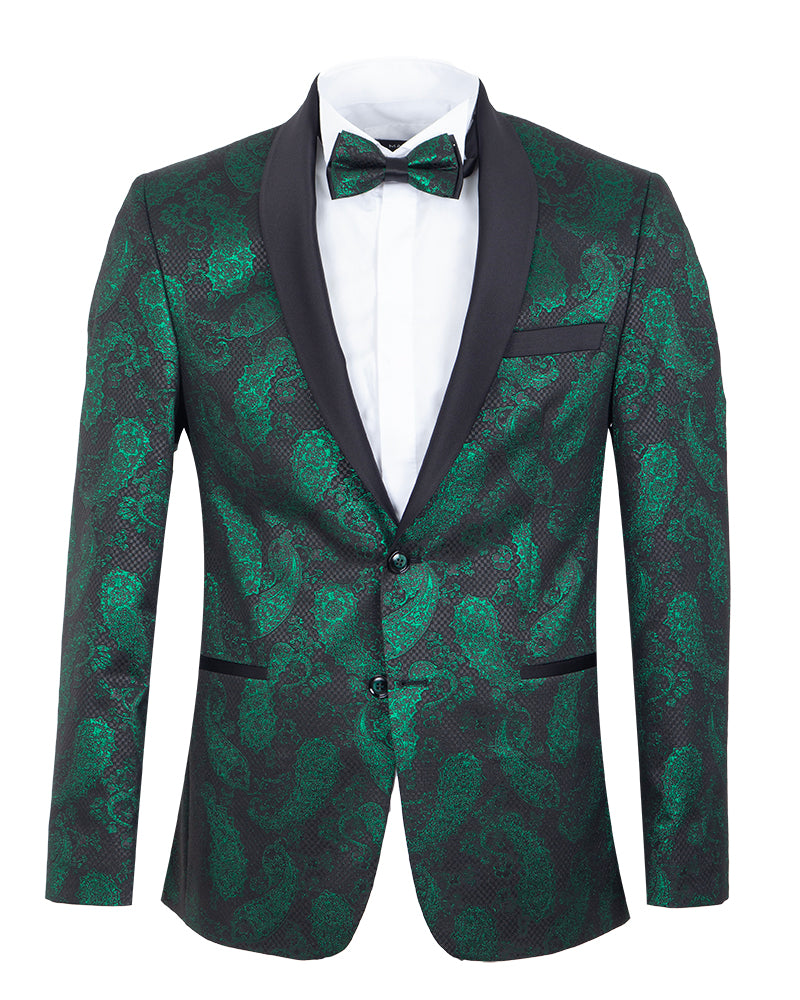 Green Paisley Contrasting Lapel Blazer & Matching Bow Tie