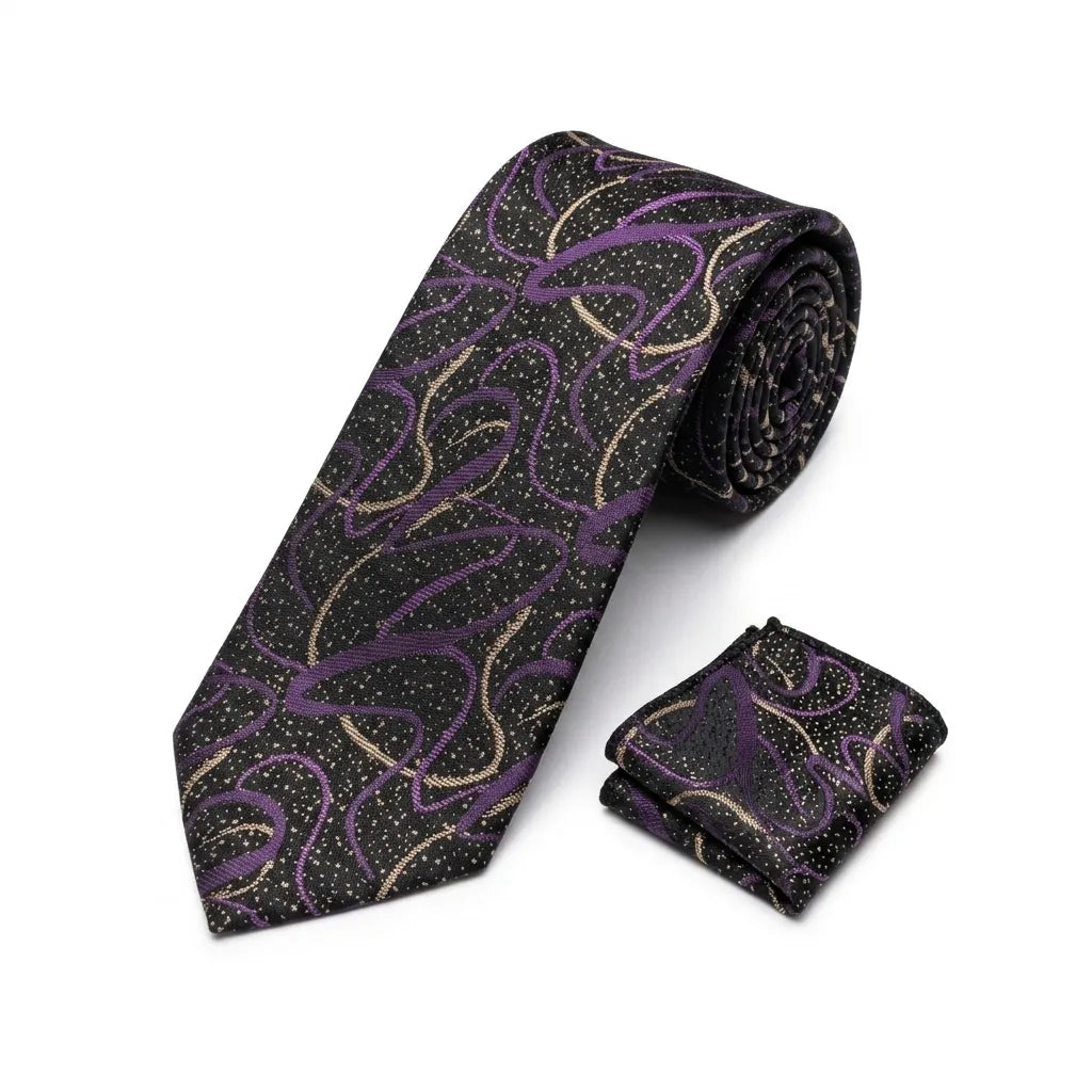Men's Black Abstract Pattern Tie and Pocket Square Set KR 188