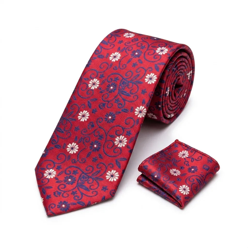 Men's Burgundy Flowery Tie and Pocket Square Set KR 217