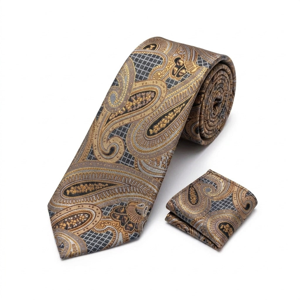 Men's Beige Paisley Tie and Pocket Square Set KR 212