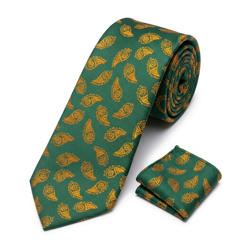 Men's Green Paisley Tie and Pocket Square Set KR 214