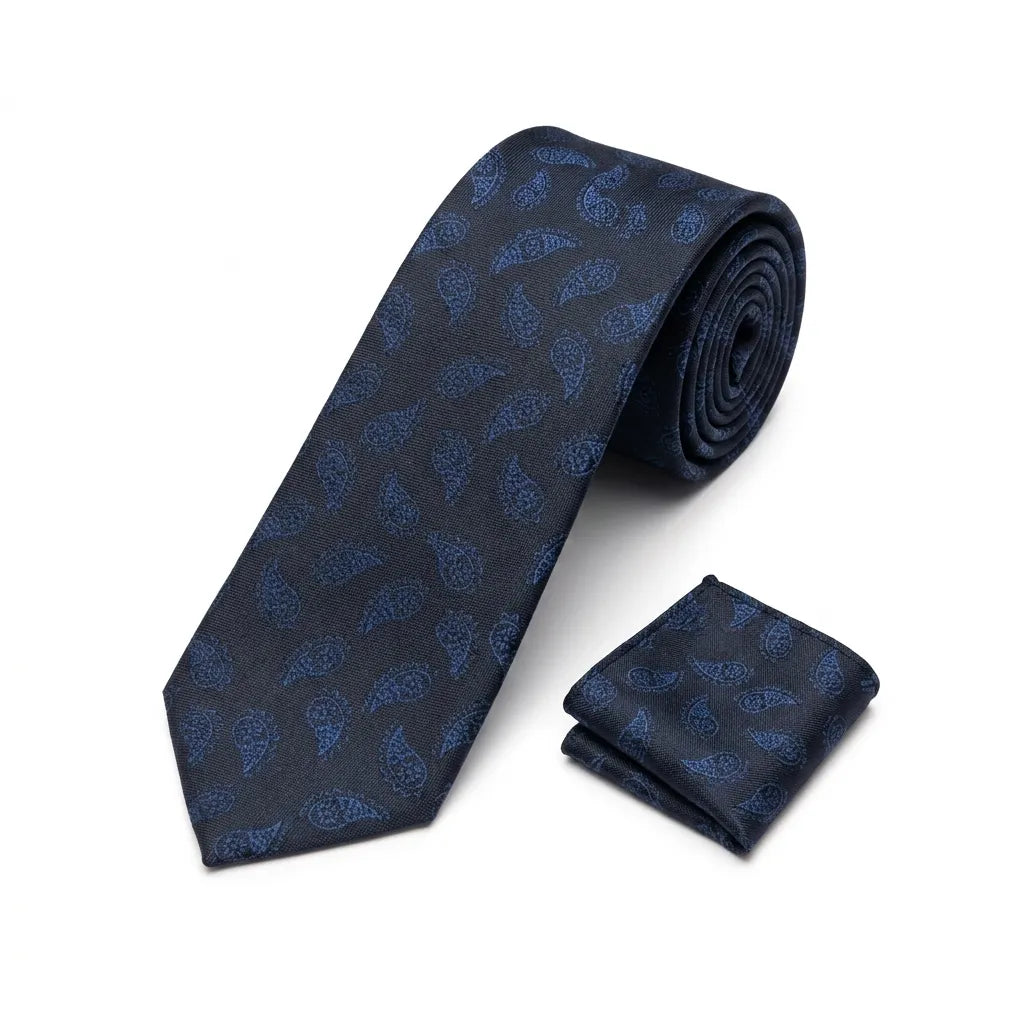 Men's Black Paisley Tie and Pocket Square Set KR 214