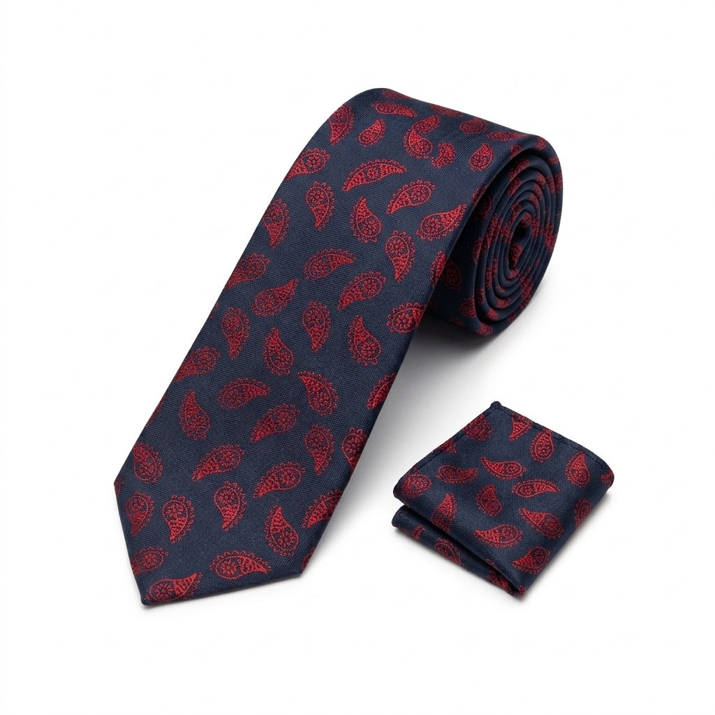 Men's Dark Blue Paisley Tie and Pocket Square Set KR 214