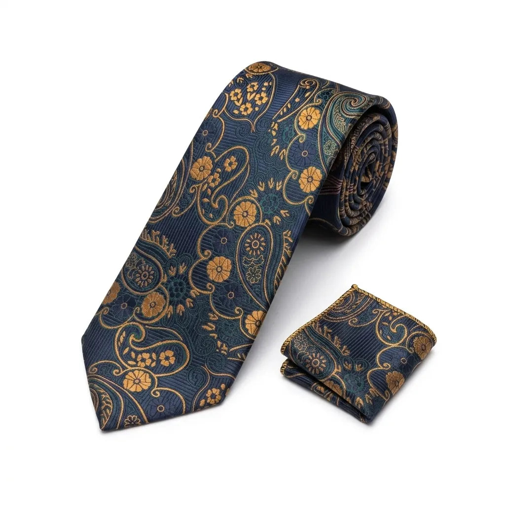 Men's Gold Floral Tie and Pocket Square Set KR 223