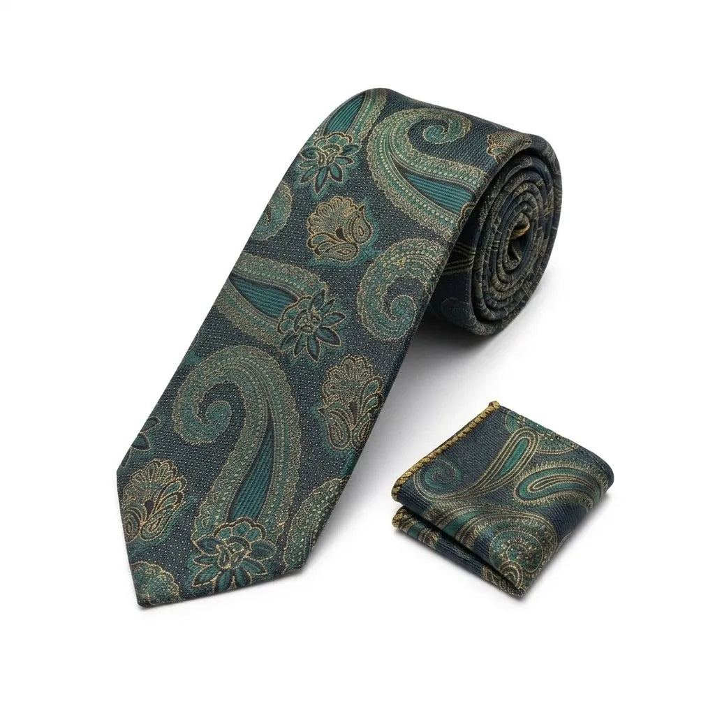 Men's Green Paisley Tie and Pocket Square Set KR 227