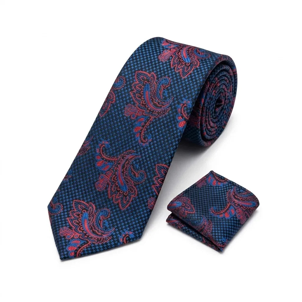 Men's Navy Paisley Tie and Pocket Square Set KR 221
