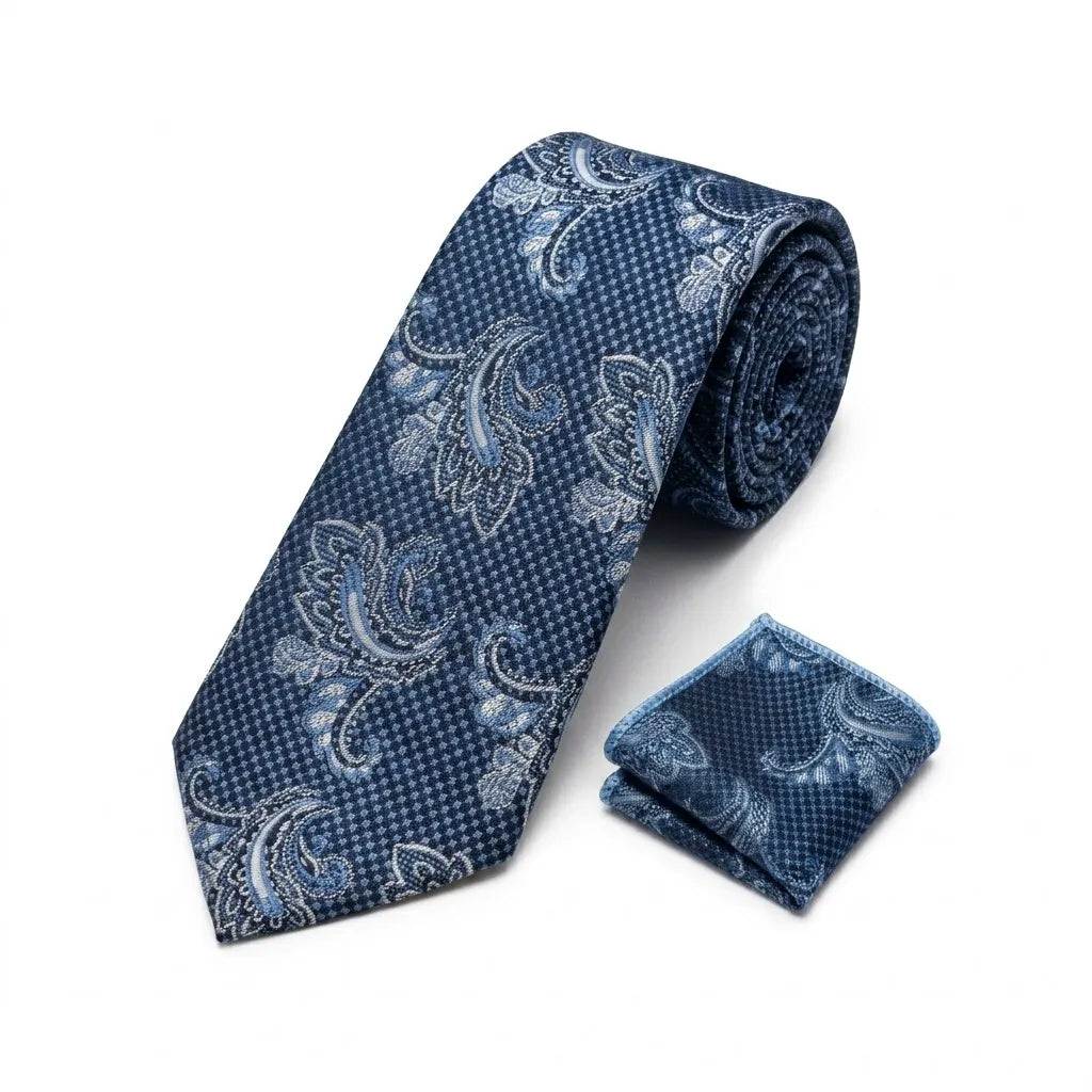 Men's Blue Paisley Tie and Pocket Square Set KR 221