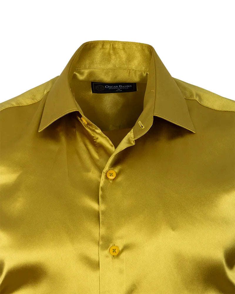 Khaki Shiny Plain Satin Classic Men’s Shirt-Makrom