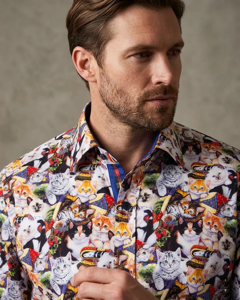 Kitten Print Men's Shirt with Matching Handkerchief