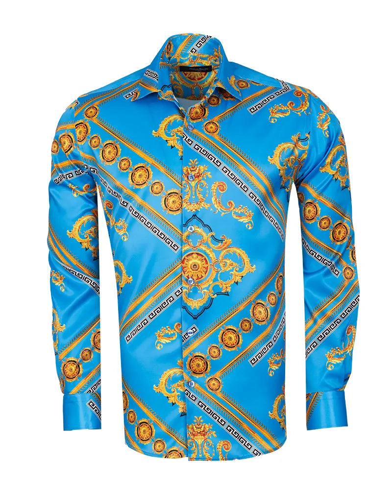 Light Blue Baroque Chain & Paisley Print Men`s Shirt-Makrom