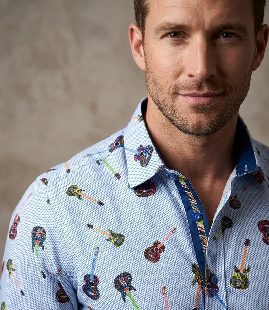 Light Blue Guitar Print Shirt with Matching Handkerchief