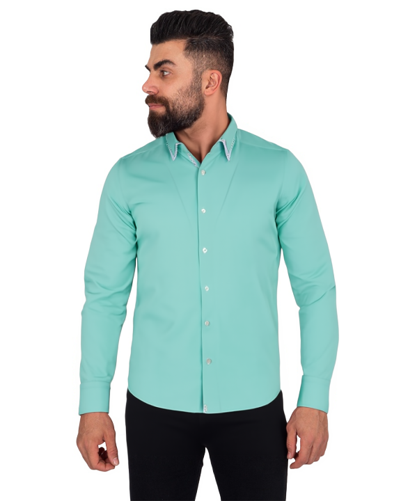 Light Green Double Collar Dotted Print Shirt-Makrom