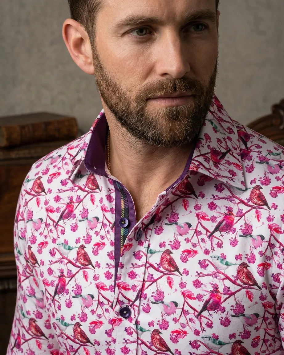 Lilac Birds in Tree Print Long Sleeve Shirt