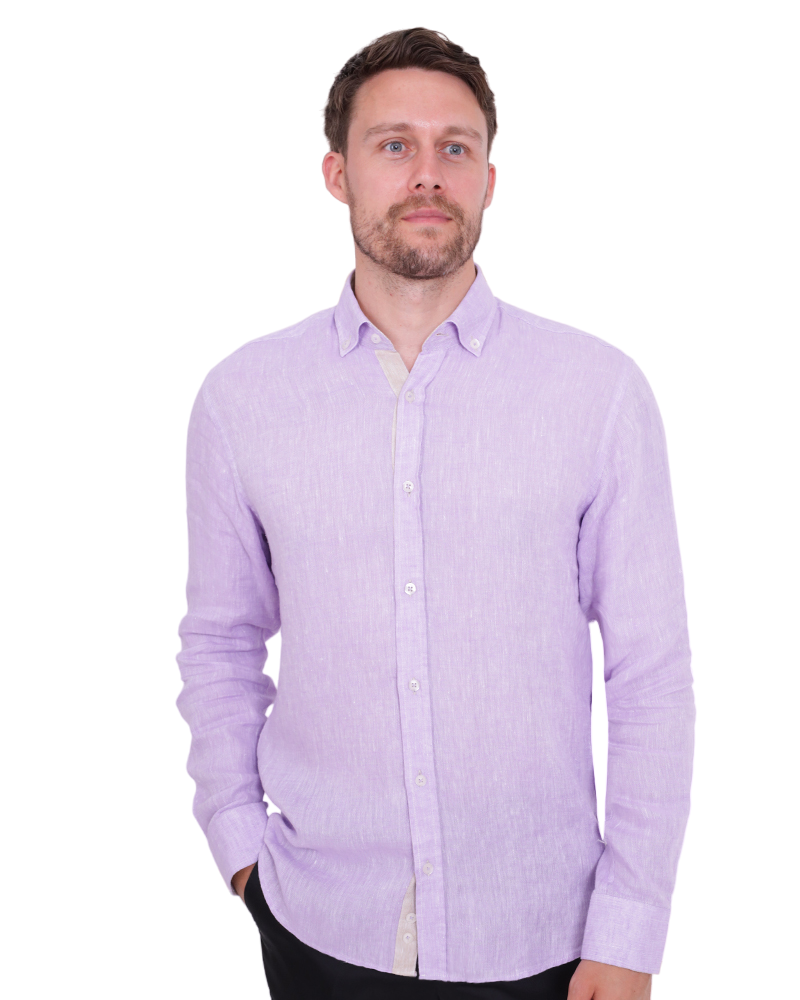 Lilac Plain Linen Long Sleeve Shirt-Makrom