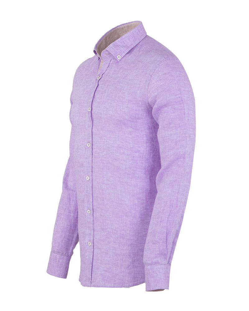 Lilac Plain Linen Long Sleeve Shirt-Makrom