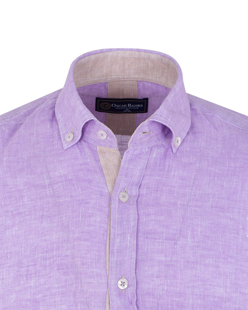 Lilac Plain Linen Long Sleeve Shirt-Makrom