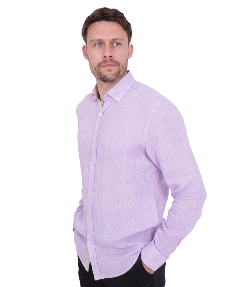 Lilac Plain Linen Long Sleeve Shirt-Makrom
