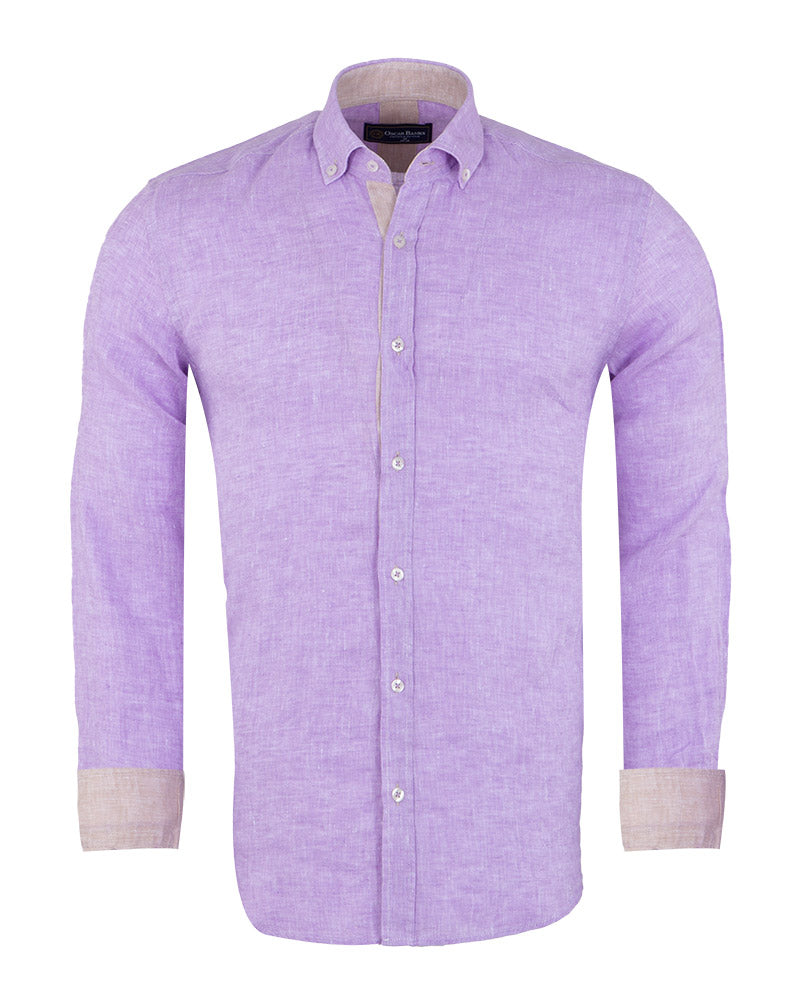 Lilac Plain Linen Long Sleeve Shirt-Makrom