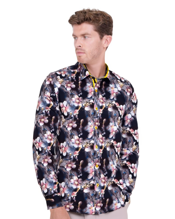 Lily Print Pure Cotton Men's Shirt with Matching Handkerchief-Makrom