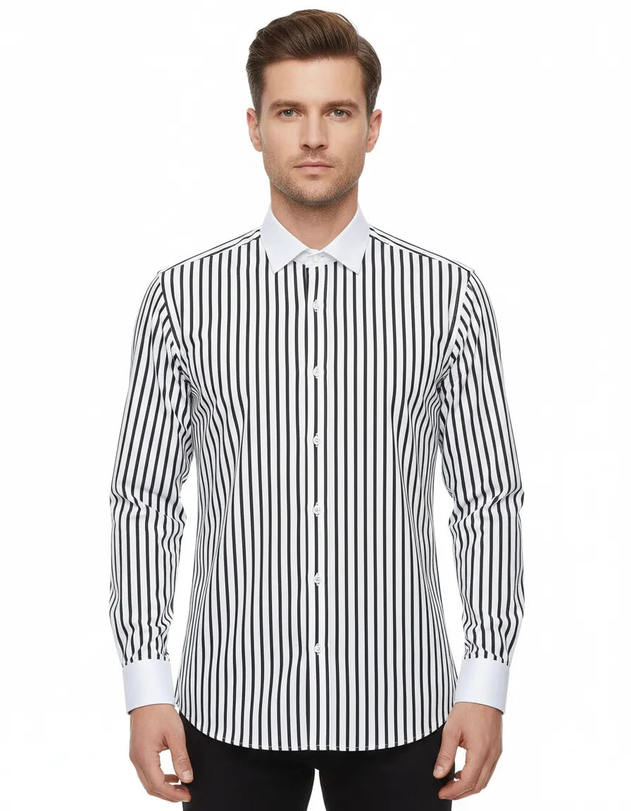 Makrom Double Cuff Shirt - Black Stripe Contrast Collar, Stylish & Comfortable-Makrom