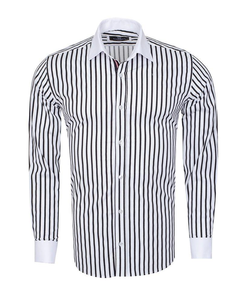 Makrom Double Cuff Shirt - Black Stripe Contrast Collar, Stylish & Comfortable-Makrom