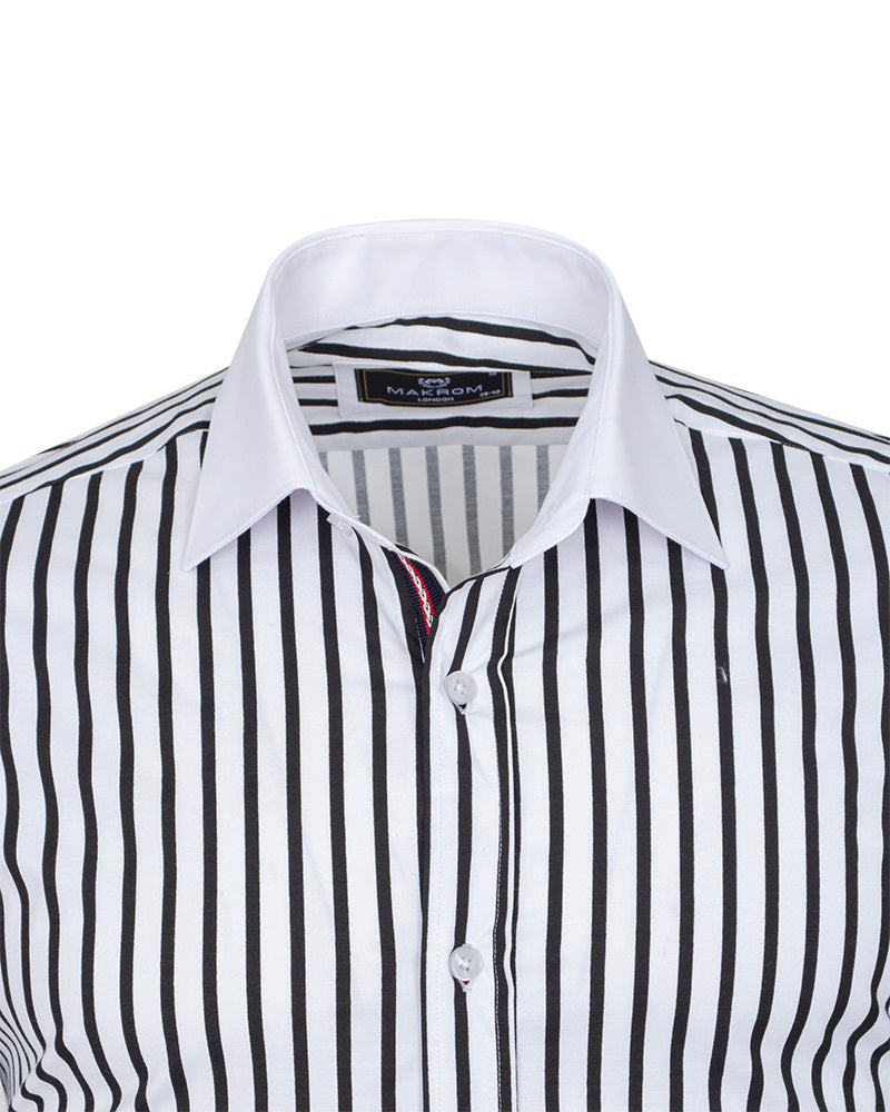 Makrom Double Cuff Shirt - Black Stripe Contrast Collar, Stylish & Comfortable-Makrom