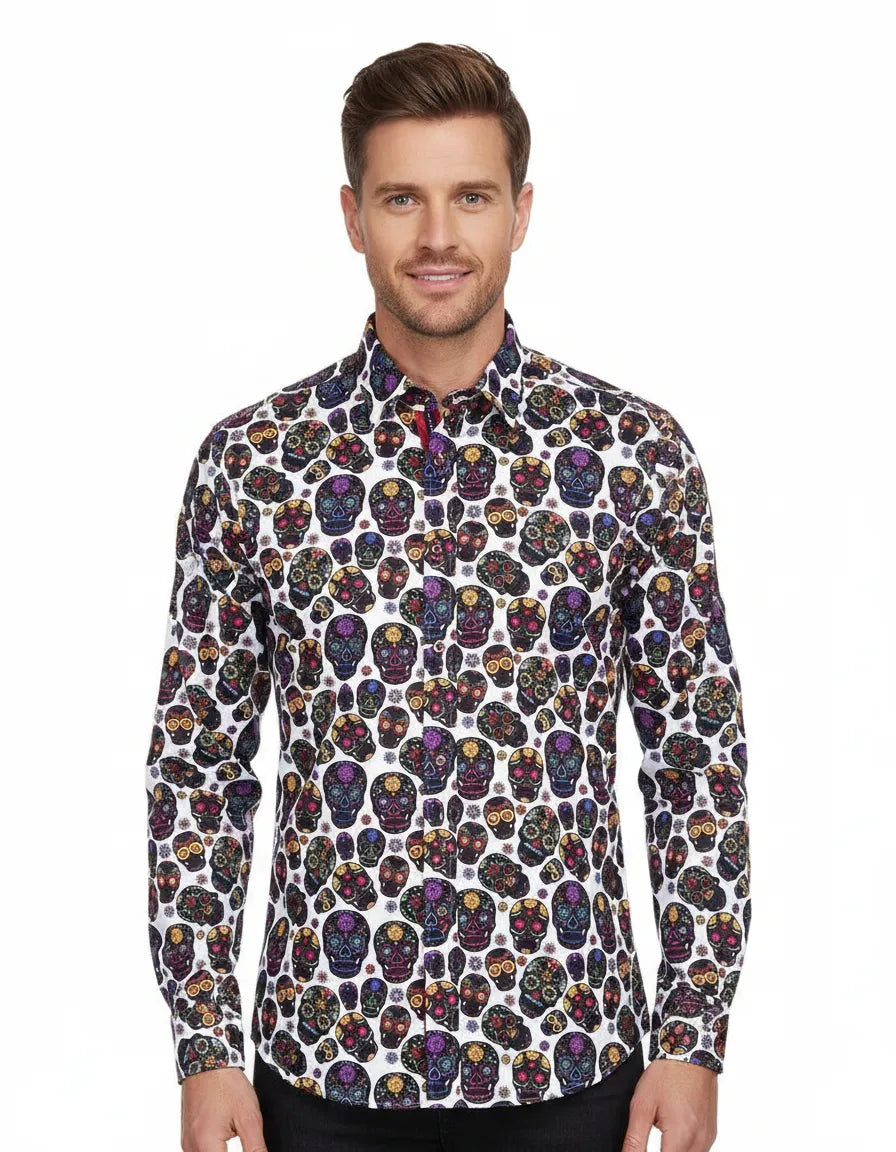 Black Day of the Dead Skull Print Shirt with Matching Handkerchief