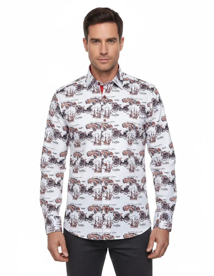 White Vintage Cars Print with Matching Handkerchief